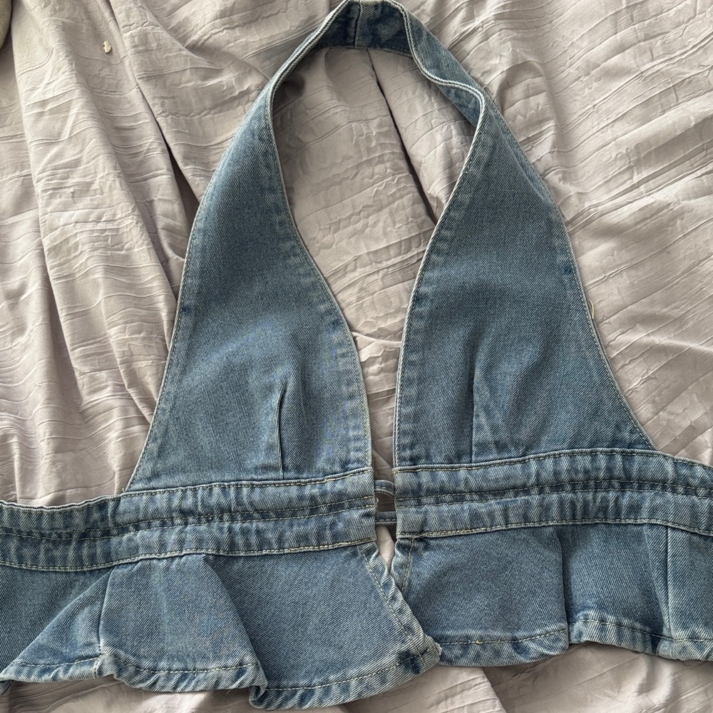 Denim Halter Ruffle Tank Top - Light Blue - Picture 5 of 5